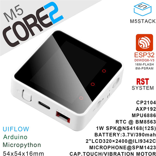 M5Stack Core2 ESP32 Development Kit 2nd Generation Core Device CP2104 MPU 6886 Built-in Bluetooth WiFi with Dual Core 32-bit 240Mhz LX6 Processors 16M Flash 8M PSRAM for UIFlow MicroPython