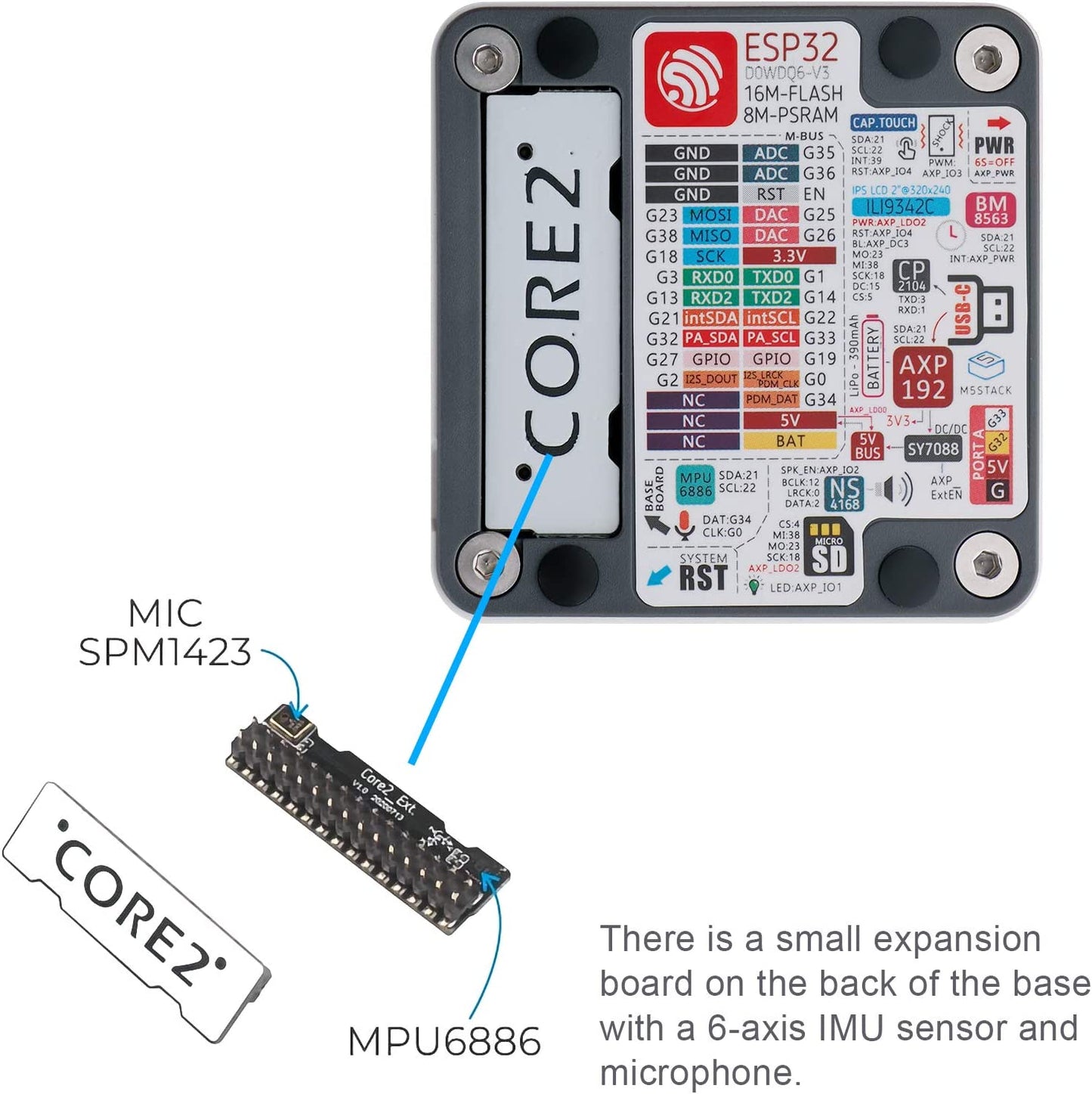 MakerFocus M5Stack Core2 ESP32 Development Kit 2nd Generation Core Device CP2104 MPU 6886 Built-in Bluetooth WiFi with Dual Core 32-bit 240Mhz LX6 Processors 16M Flash 8M PSRAM for UIFlow MicroPython