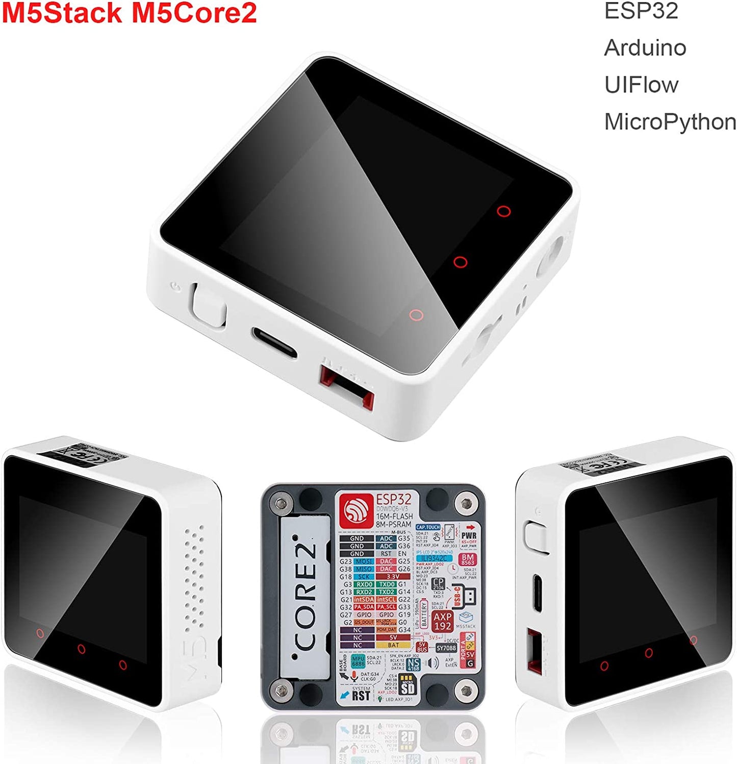 MakerFocus M5Stack Core2 ESP32 Development Kit 2nd Generation Core Device CP2104 MPU 6886 Built-in Bluetooth WiFi with Dual Core 32-bit 240Mhz LX6 Processors 16M Flash 8M PSRAM for UIFlow MicroPython