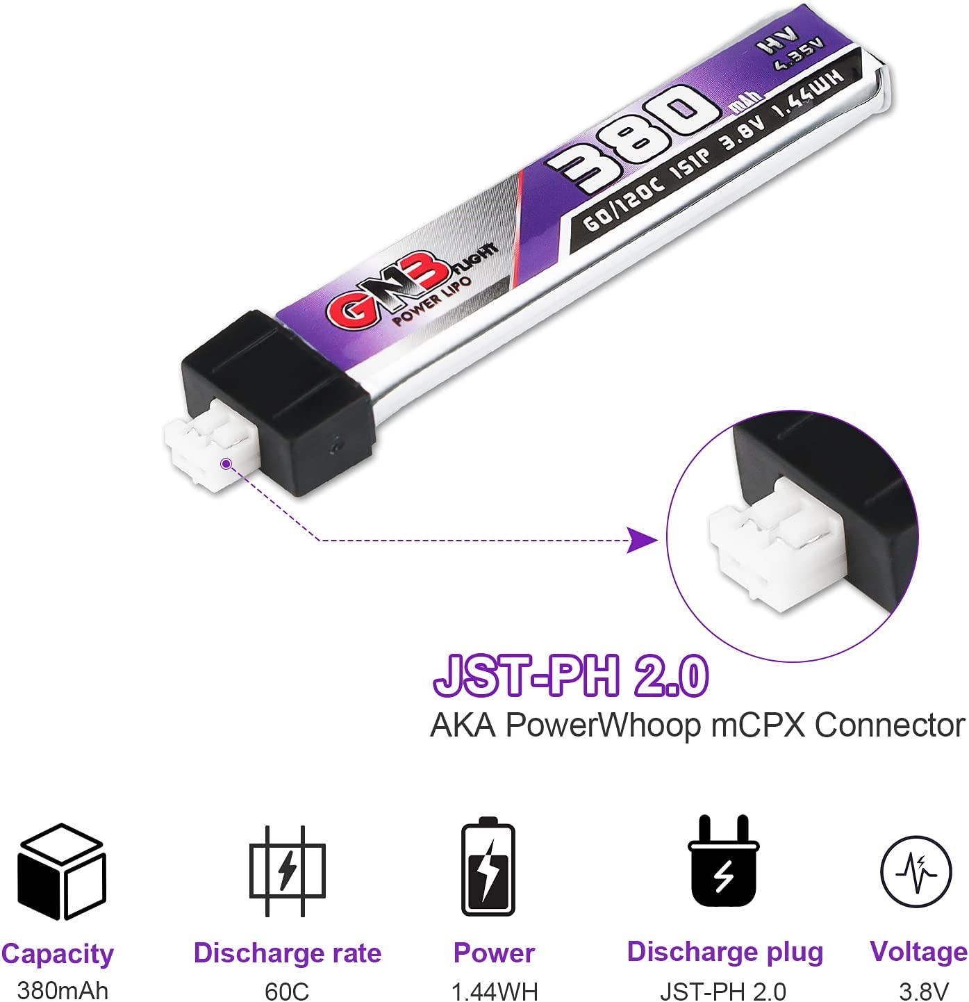 GAONENG 6pcs 380mAh 60C 1S LiPo Battery 3.8V/4.35V LiHv Battery with JST-PH 2.0 Connector for UZ65 Tiny Whoop Micro FPV Racing Drone