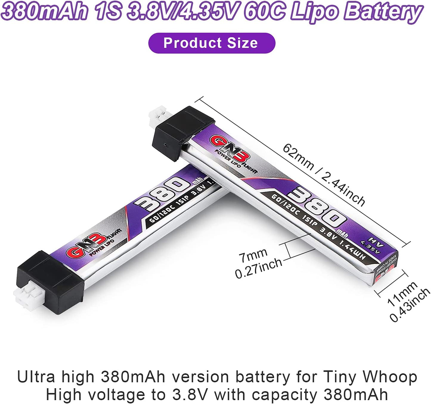 GAONENG 6pcs 380mAh 60C 1S LiPo Battery 3.8V/4.35V LiHv Battery with JST-PH 2.0 Connector for UZ65 Tiny Whoop Micro FPV Racing Drone
