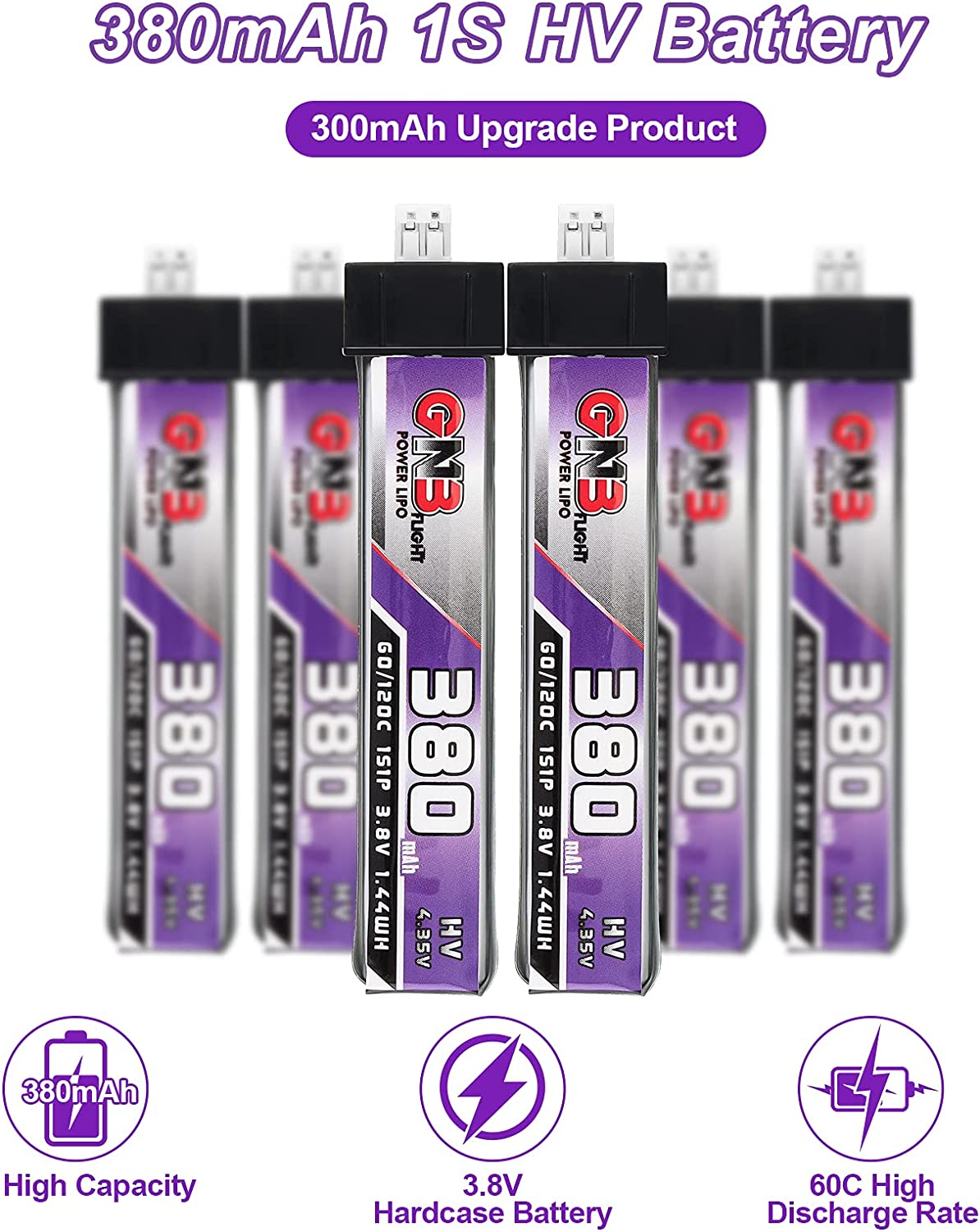 GAONENG 6pcs 380mAh 60C 1S LiPo Battery 3.8V/4.35V LiHv Battery with JST-PH 2.0 Connector for UZ65 Tiny Whoop Micro FPV Racing Drone